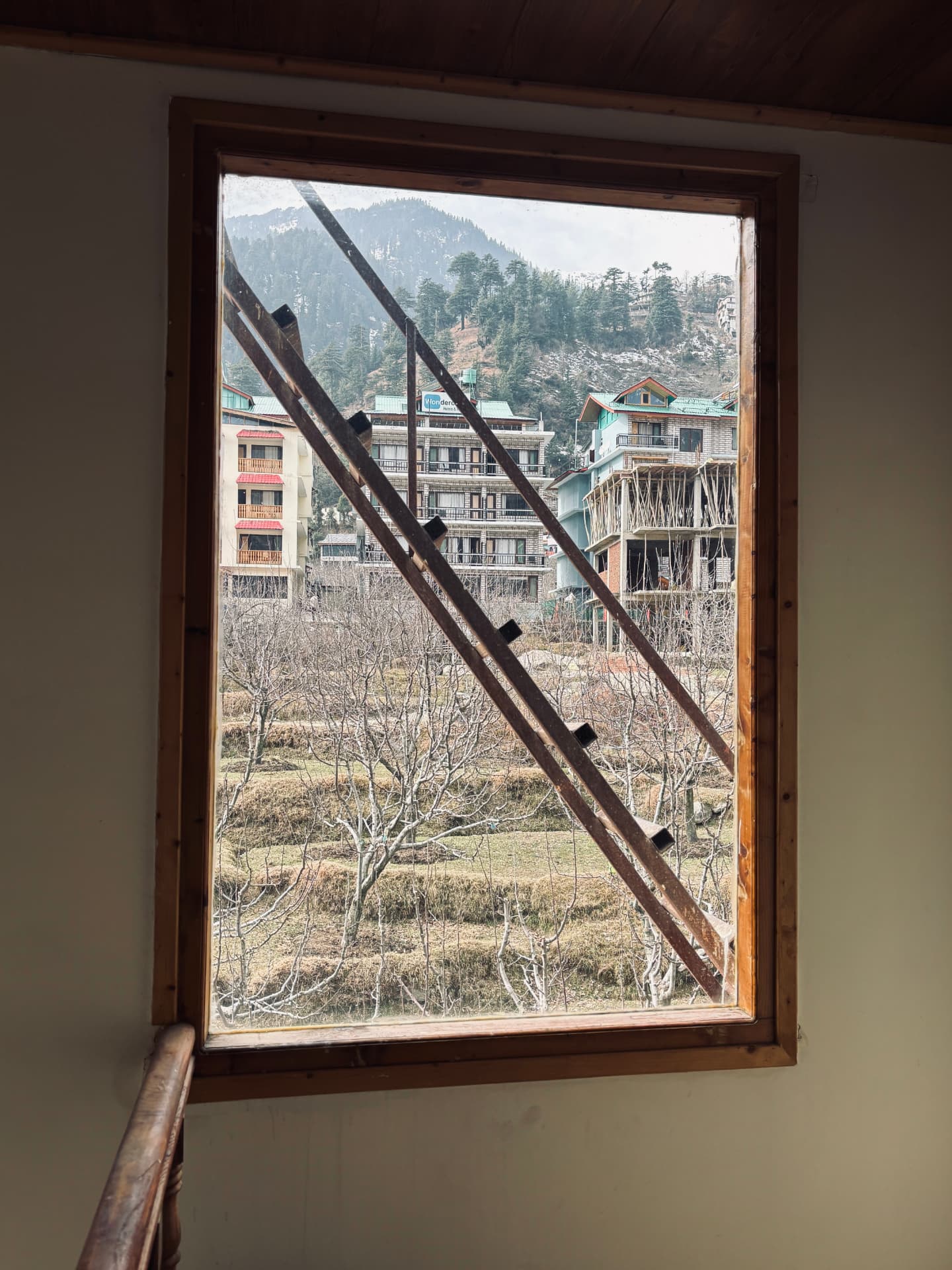 Mountain town and bare trees framed by a wooden window